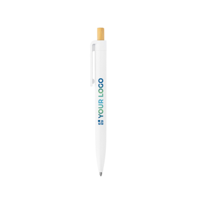 Balpen van gerecycled plastic met bamboe drukknop, blauwe inkt