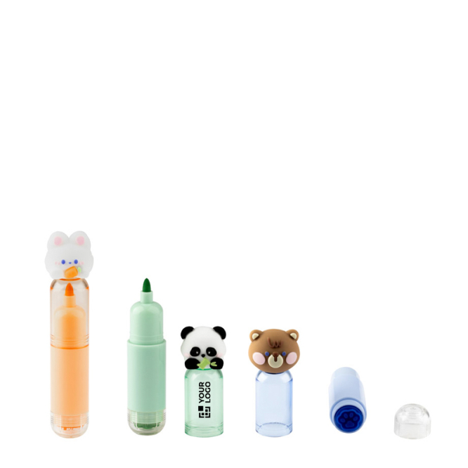 Set van 3 gekleurde pennen met dierenthema en stempel, voor kinderen