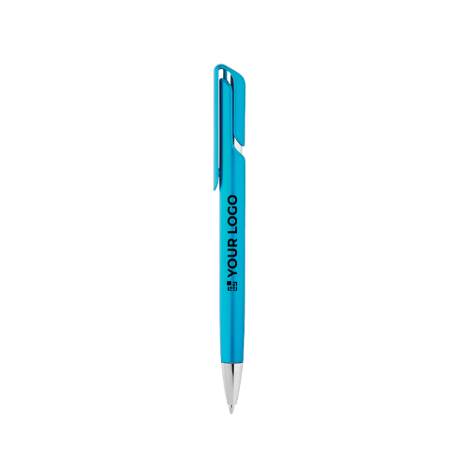 Plastic pen met clip en metallic afwerking, blauwe inkt