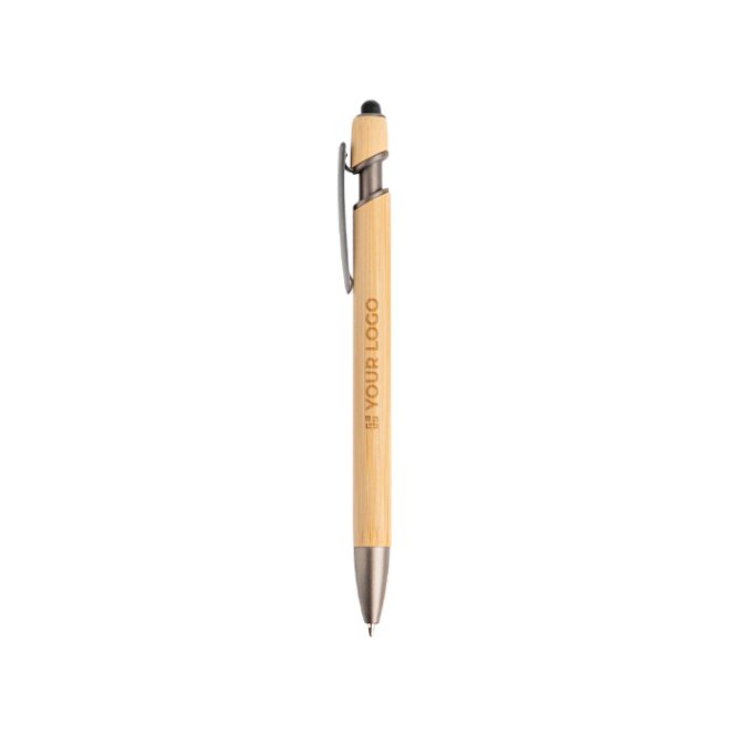 Bamboe pen met touch-tip en metalen details, blauwe inkt