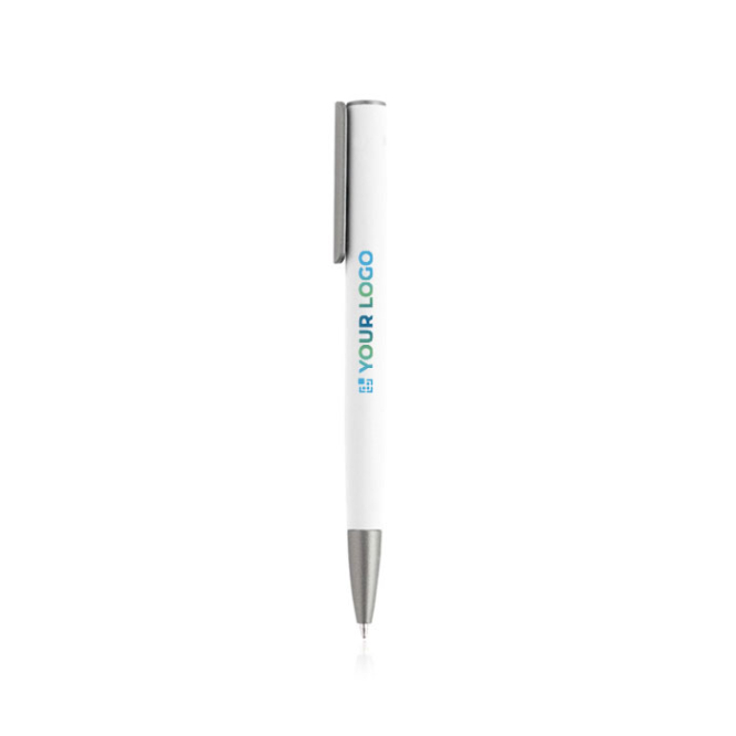 Gerecyclede aluminium balpen met rubberafwerking, blauwe inkt met jouw bedrukking