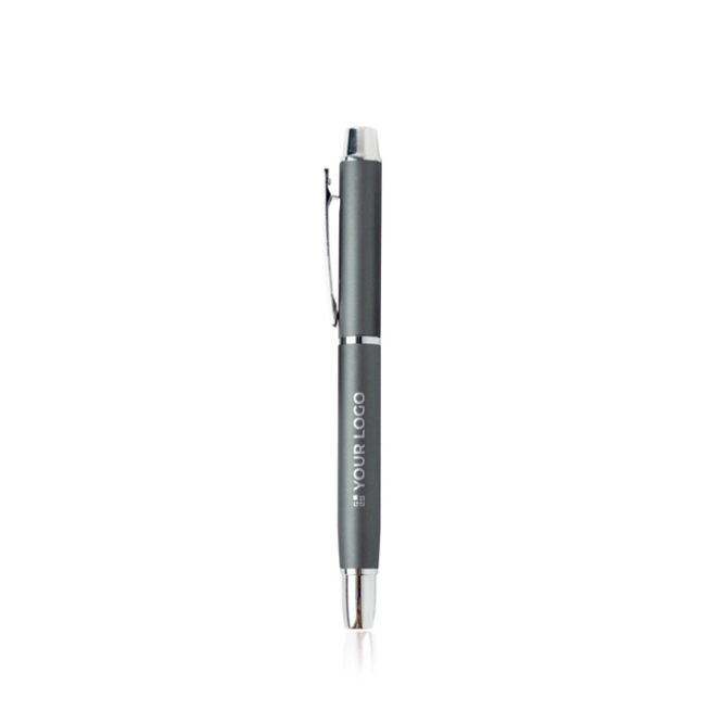 Elegante rollerpen van aluminium met zilveren details, blauwe inkt