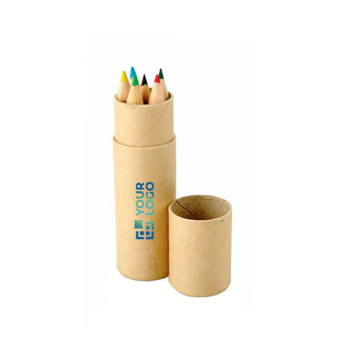 Rond kartonnen etui met 6 houten kleurpotloden met jouw bedrukking