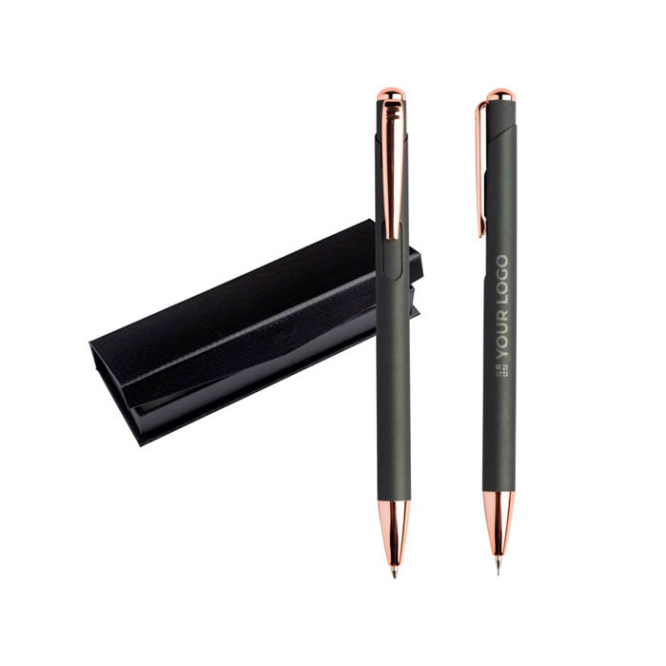 Set van balpen en vulpotlood met metalen details, blauwe inkt met jouw bedrukking