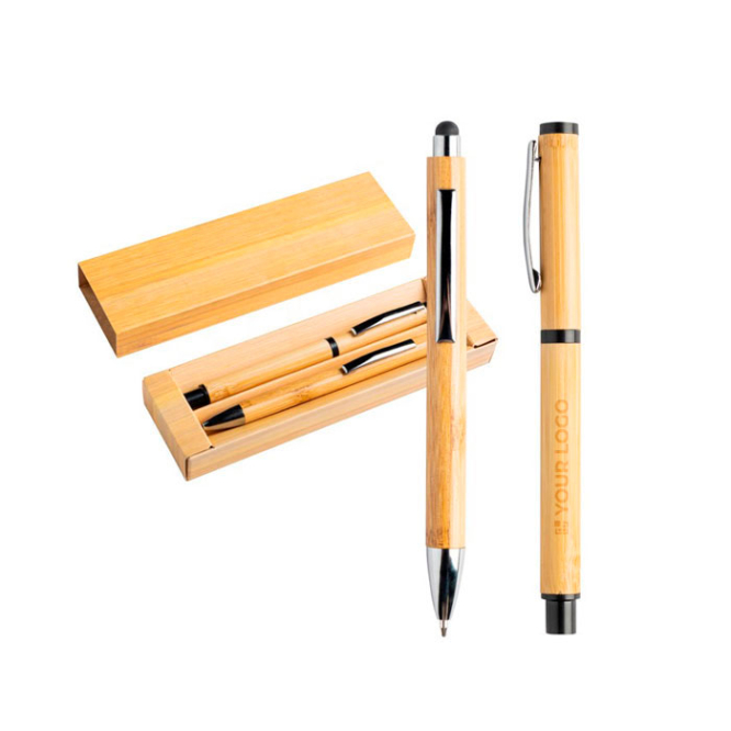 Balpen en roller gemaakt van bamboe met clip en etui, blauwe inkt met jouw bedrukking