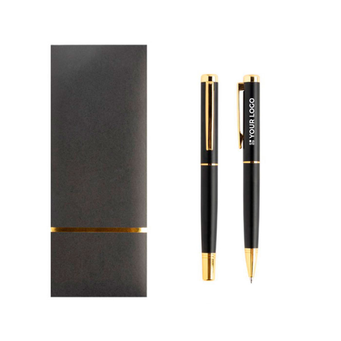 Set van metalen balpen en roller met elegante uitstraling, blauwe inkt met jouw bedrukking