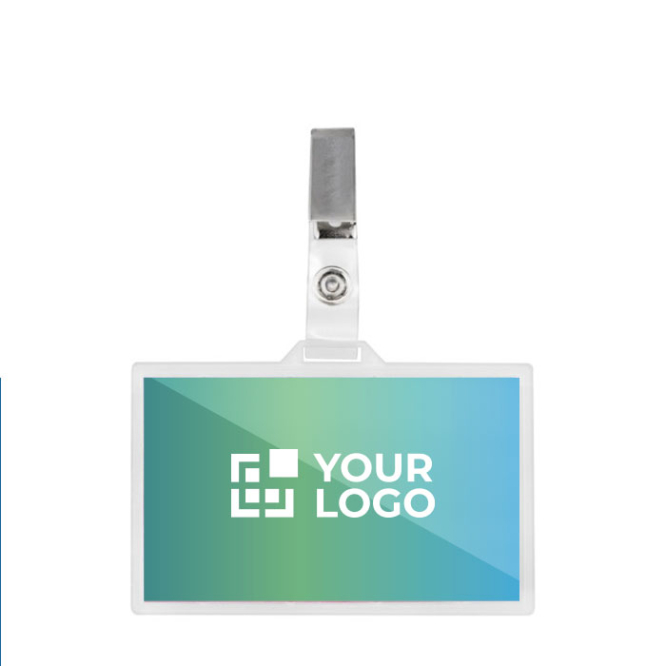 Plastic badgehouder met afneembare broekriemclip 9x5,5 cm met jouw bedrukking