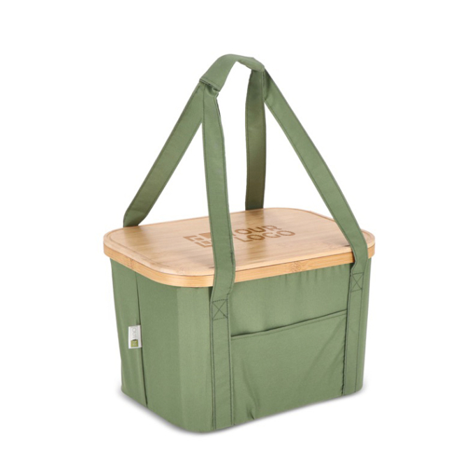Picknickmand met houten deksel en koelvak aan de binnenkant