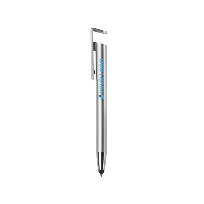 Plastic pen met stylus en telefoonhouder met blauwe inkt met jouw bedrukking