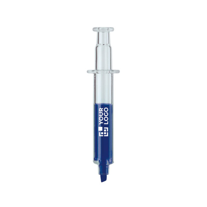 Transparante markeerstift in de vorm van een spuit met gekleurde inkt