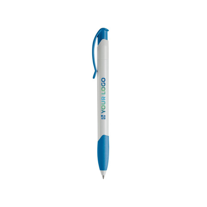 Witte plastic pen met gekleurde gebogen clip gemaakt in de EU met jouw bedrukking
