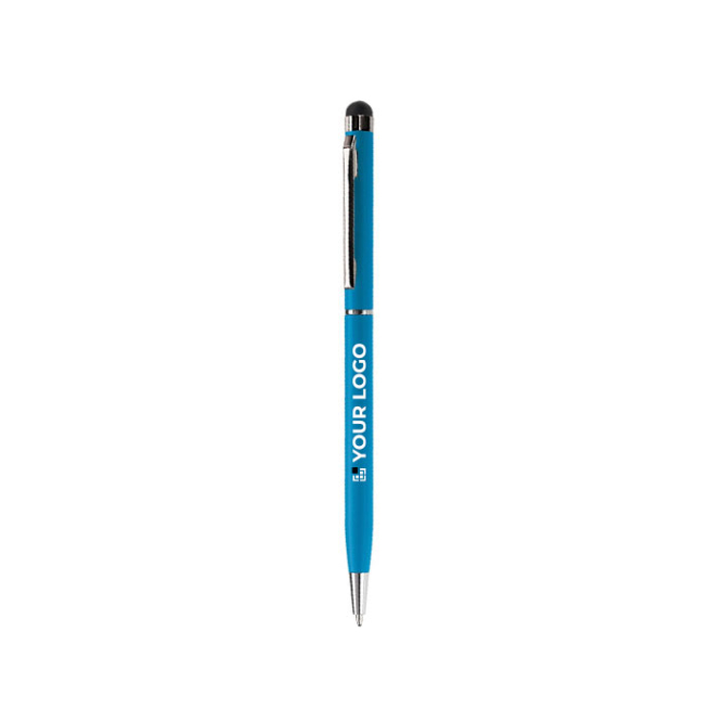 Dunne metalen pen in levendige kleuren met zwarte stylus met jouw bedrukking
