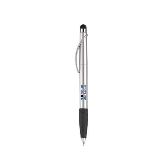 Plastic pen met stylus en gekleurde getextureerde grip met jouw bedrukking