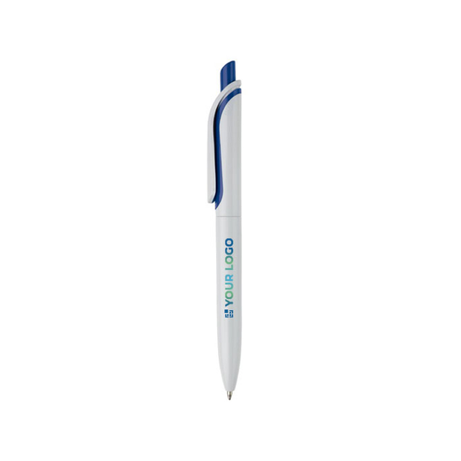 Witte plastic pen met kleurrijke drukknop gemaakt in de EU met jouw bedrukking