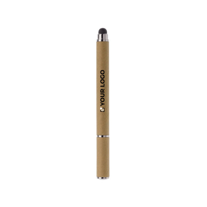 Papieren pen met blauwe inkt, dop en stylus met jouw bedrukking