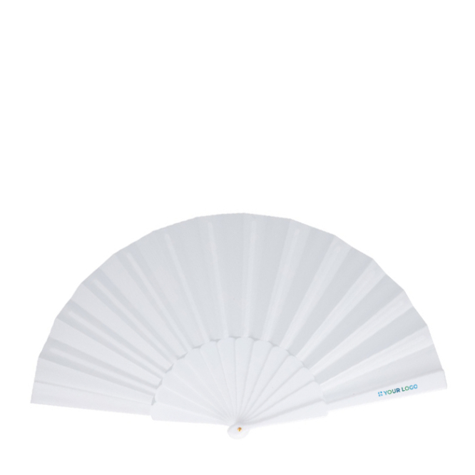 Polyester waaier in kleuren met personaliseerbaar plastic handvat