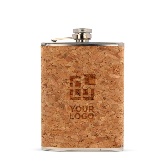 Compacte heupfles van roestvrij staal en kurk 220ml met jouw bedrukking