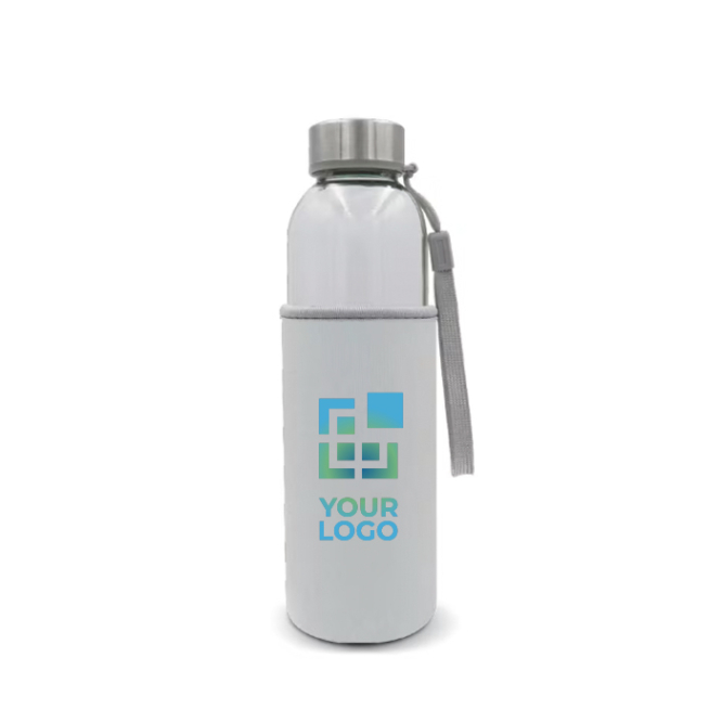 Glazen fles met draagkoord en hoes 500ml met jouw bedrukking