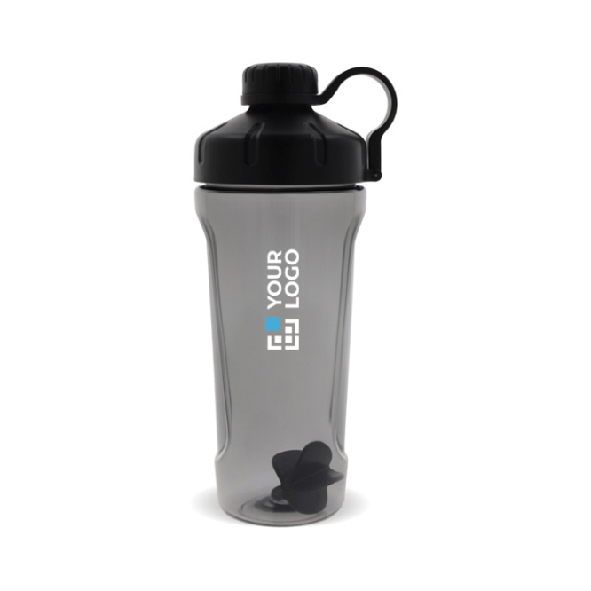 Plastic shaker voor de sportschool met elegante zwarte dop 900ml met jouw bedrukking