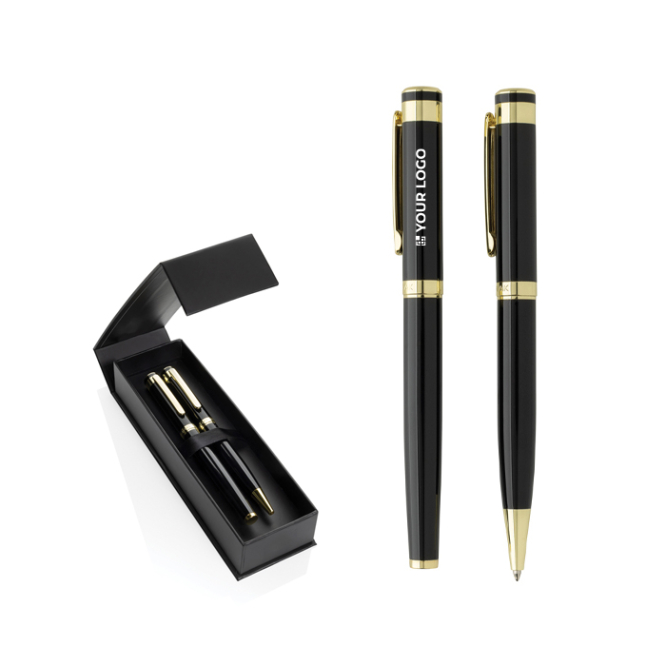 Set pennen van gerecycled messing met gouden details en blauwe inkt