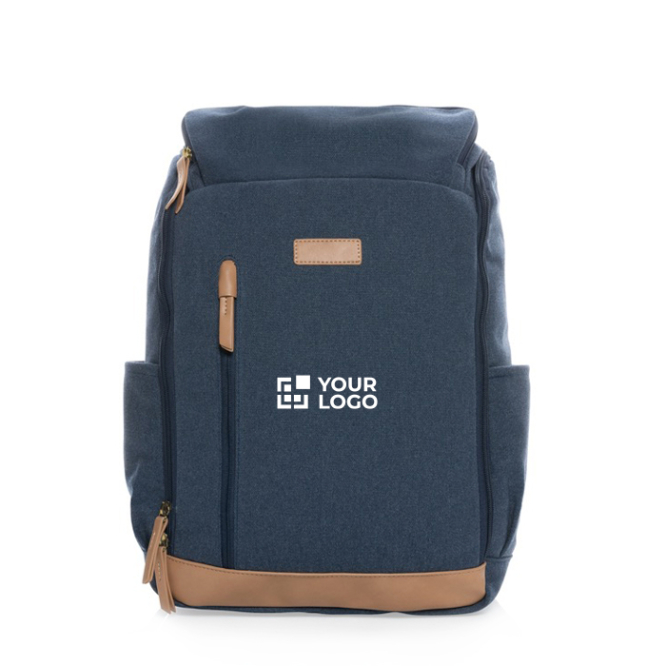 Computerrugzak van gerecycled materiaal met jouw bedrukking en bruine accenten