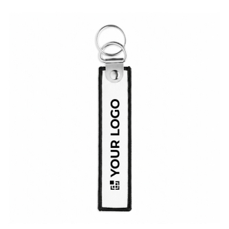 Geborduurde polyester sleutelhanger met dubbele ring, te bedrukken