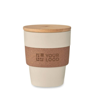 Gerecyclede plastic beker bedrukken met kurklint en bamboe deksel 300ml