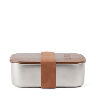 Lunchbox van gerecycled roestvrij staal met houten sluiting en deksel