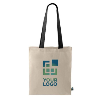 Fairtrade katoenen tas met lange zwarte handvatten 140 g/m2