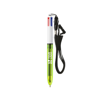 Plastic pen met lanyard, inkt in 3 kleuren en 1 markeerstift BIC®