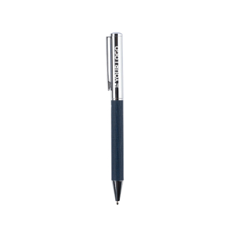 Draaibare rollerpen van messing en RPET met blauwe inkt