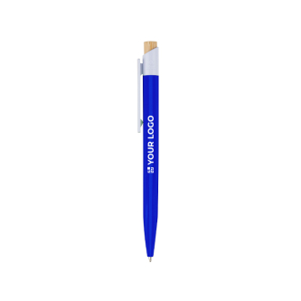 Pen van kunststof met bamboe drukknop en witte clip, blauwe inkt