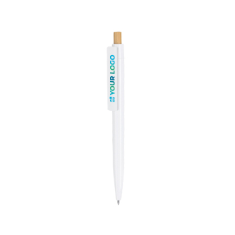 Plastic pen met bamboe drukknop en blauwe inkt