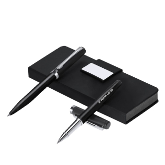 Set met balpen en rollerball van RVS met etui, blauwe inkt