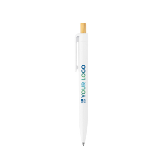 Balpen van gerecycled plastic met bamboe drukknop, blauwe inkt