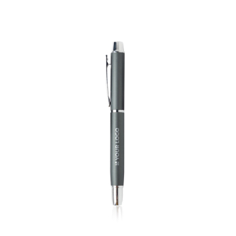 Elegante rollerpen van aluminium met zilveren details, blauwe inkt
