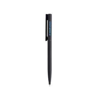 Elegante en slanke pen van messing en roestvrij staal met blauwe inkt