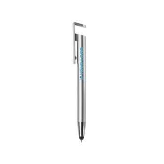 Plastic pen met stylus en telefoonhouder met blauwe inkt met jouw bedrukking
