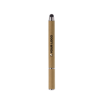 Papieren pen met blauwe inkt, dop en stylus met jouw bedrukking