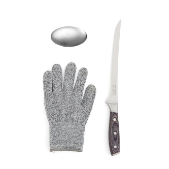Visfileerset met fileermes, handschoen en rvs zeepje