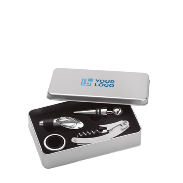 Reclame wijnset in metalen doos kleur matzilver