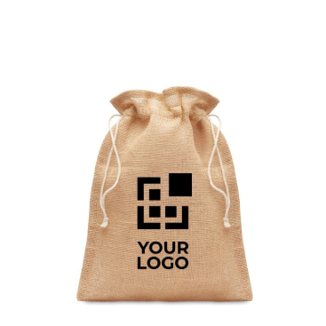 Kleine jute tas bedrukken kleine oplage met verstelbare sluiting weergave met jouw bedrukking