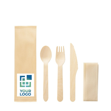 Houten wegwerp bestekset met logo