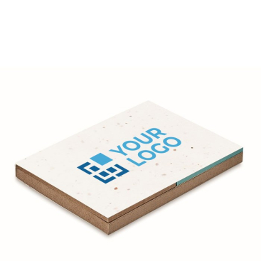 Post-its en bloemzaadjes in blocnote met logo