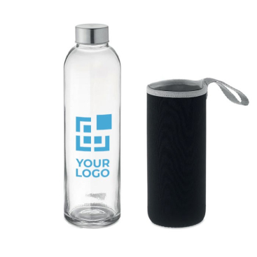 Glazen waterfles met eigen logo en neopreen hoesje weergave met jouw bedrukking