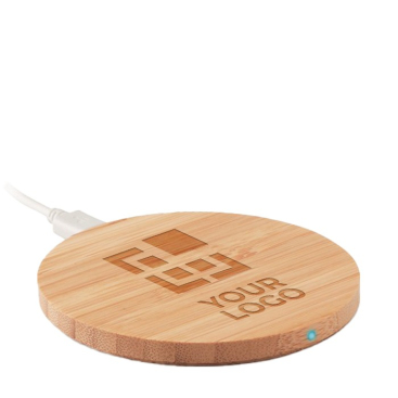 Ronde bamboe draadloze oplader met logo kleur hout