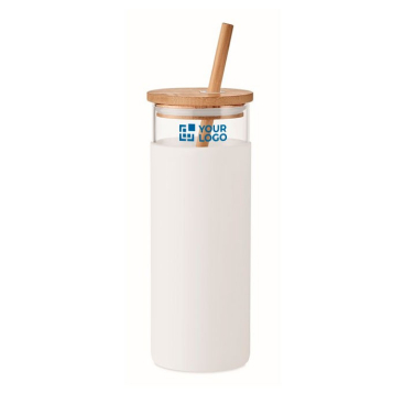 Glazen drinkbeker met logo, beschermhoes en rietje kleur wit