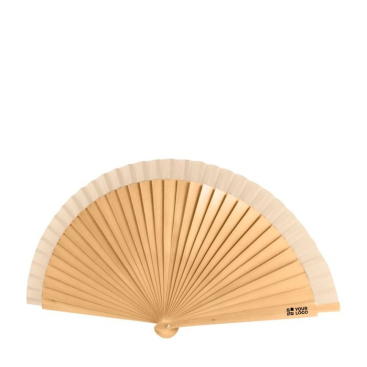 Houten waaier met opdruk in jute zakje