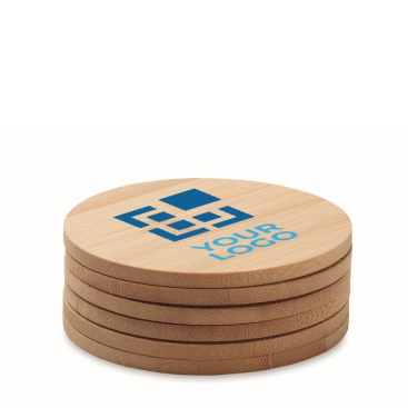 Set van 6 ronde bamboe onderzetters met logo weergave met jouw bedrukking