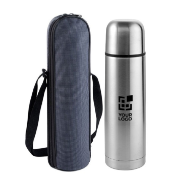Thermoskan met hoes en schouderband kleur blauw vierde weergave